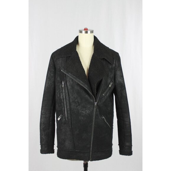 THE KOOPLES Black Faux Leather Shearling Motorcycle Moto Jacket, Size S - Picture 2 of 14